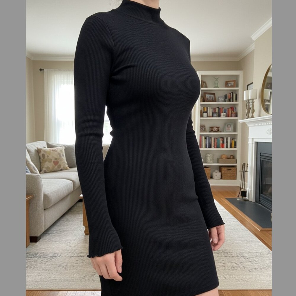 Abercrombie & Fitch Black Ribbed Knit Mock Neck Long Sleeve Mini Dress | Size L